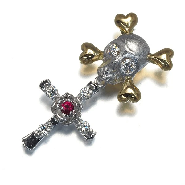 Auténtico Broche KAJI MITSUO Rubí Diamante 0.18ct Calavera Cruz 18K YG/WG Foto 2 de 4