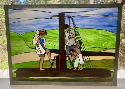 VTG Handmade Stained Glass Panel FAMILY RINSING OFF AFTER A DAY AT THE BEACH