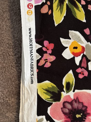 Picnic Socials Hoffman Fabrics 44x 2 Yards Cotton Black Violets Peonies Floral - Picture 2 of 8