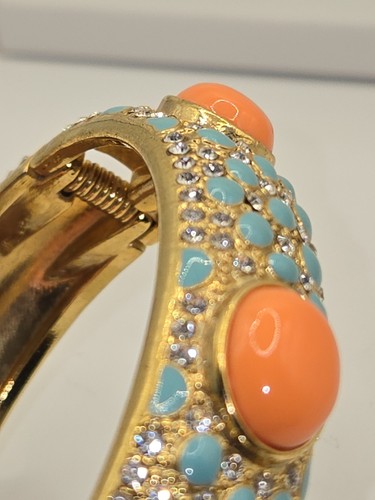 Stella & Dot Hinged Bangle Bracelet Coral Turquoise Crystal Gold Tone - Picture 7 of 13