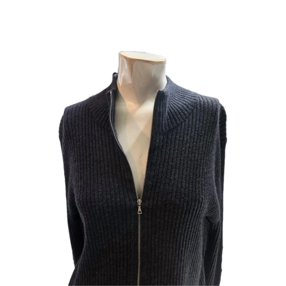 Dries Van Noten 女式毛衣大号灰色罗纹美利奴羊毛全拉链 — 第 4/4 张图片