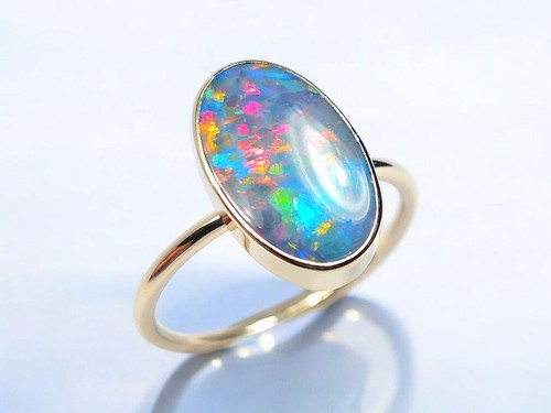 Rubio Zaffiro' Solid 14k Gold Australian Opal Ring Doublet Gem Gift 2.4g O03 - Picture 2 of 4