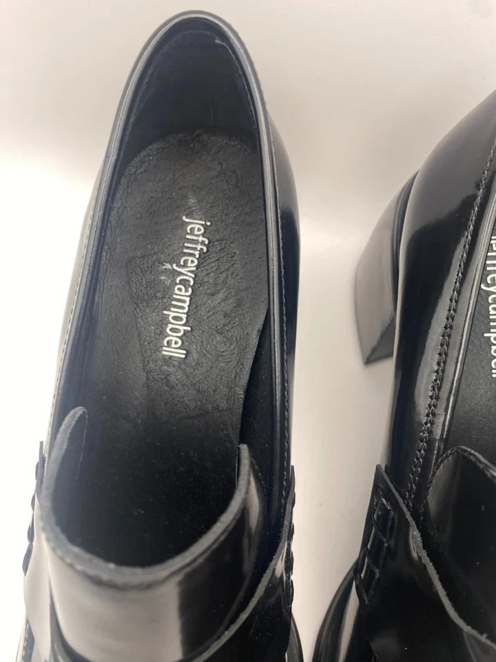 Mocasines para mujer Jeffrey Campbell Ecole charol negro tacón bloque Penny 11 Foto 3 de 4