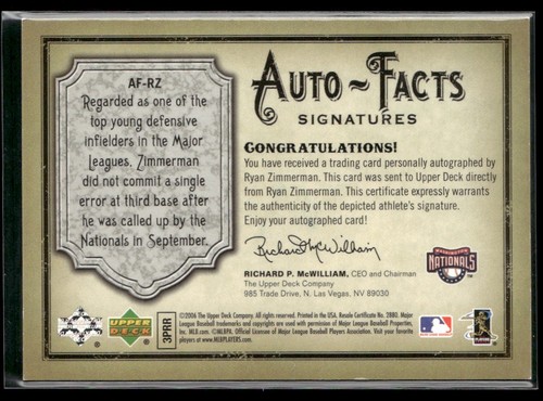 2006 Upper Deck Artifacts #AF-RZ Ryan Zimmerman Auto-Facts Signatures #/800 - Picture 2 of 2