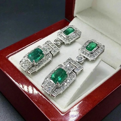 3.6Ct Art Deco Style Lab Created Emerald Dangle Drop Women's 925 Silver Earrings - Bild 3 von 11