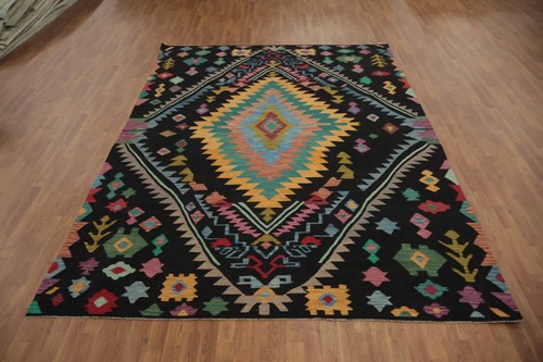 Black Geometric Kilim Area Rug 8x12 Hand-woven Turkish for a Vibrant Home Decor - Picture 2 of 11