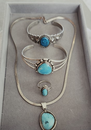 Turquoise Silver 5pc LOT Necklace, Pendant, Ring & 2 Bracelets