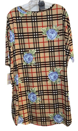 NWT LuLaRoe XL Tan Red Plaid Blue Green Roses Flowers Irma Oversized Tunic Top - Picture 4 of 8