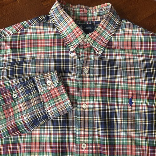 Ralph Lauren Custom Fit rot blau grün kariert Baumwolle Langarm Knopfleiste L - Bild 1 von 6