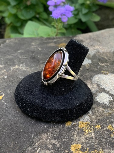 Native American Navajo Artisan Lonnie Willie Sterling Silver Amber Ring SZ 9 - Picture 2 of 9