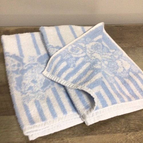 Vintage Pair of Hand Towels Floral Stripe Blue / White - Bild 2 von 5
