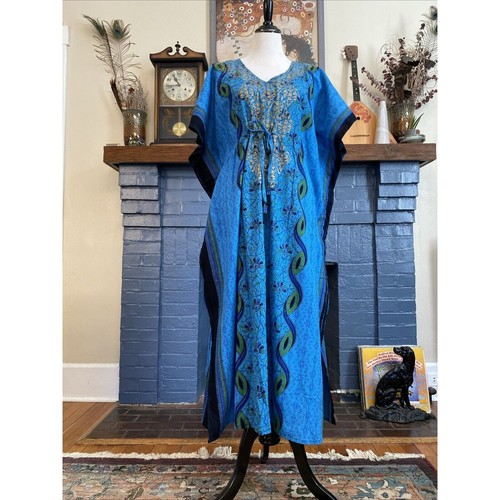 J GEE Blue Batik Print V-Neck Kaftan Muu Muu OS Beach Vacation NEW Hippie Boho - Picture 3 of 15