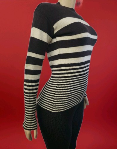 GIANFRANCO FERRE Cream Brown Virgin Wool Striped Long Slv Womens Sz S Sweater #C - Picture 9 of 11