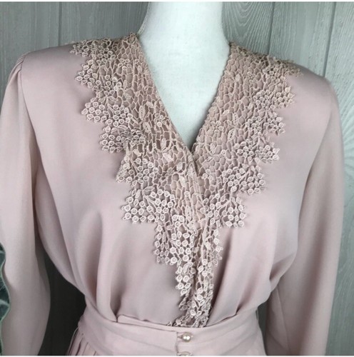 Vintage 80’s In The Mood Blouse Blouse Pink Lace Long Sleeve Belted Pleat Size 6 - Picture 3 of 11