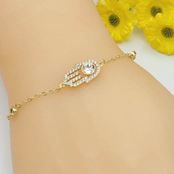 Alternate view of 14k Gold Plated Clear Fatima Hand Bracelet. Curb Link Chain. Amulet Oro Laminado