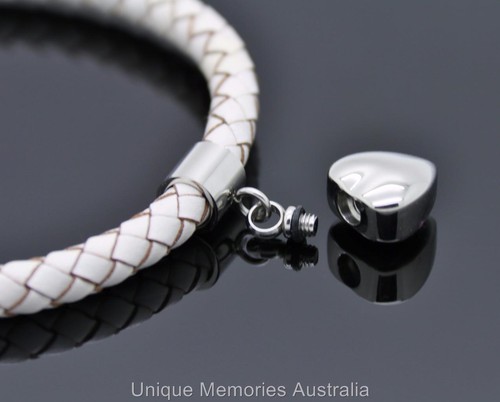 316L S/Steel & White Leather Cremation Memorial Keepsake Jewellery Urn Bracelet - Picture 5 of 9