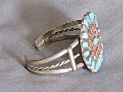 Native American Coral & Turquoise Cluster Bracelet Sterling Silver 7 1/4"-7 1/2" - Picture 3 of 5