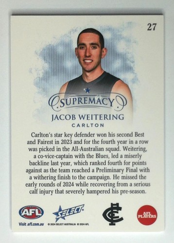 2024 Select AFL Supremacy Blue Portrait Low 06/65 Jacob Wehring Carlton - Imagen 2 de 3