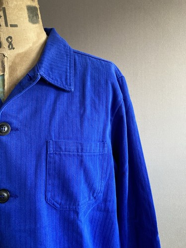 French Chore Jacket Blue Utility Worker Shacket 100% Cotton Twill Herringbone - Picture 4 of 14