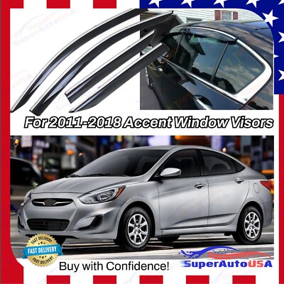 For Accent 2011-18 Clip-On Type Chrome Trim Window Visor Rain Guards Deflectors