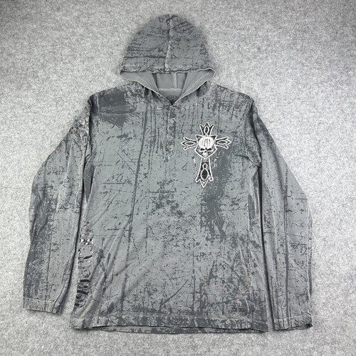 Affliction Shirt Mens L Grey Long Sleeve Hoodie Henley Skull Cross Y2K Grunge*