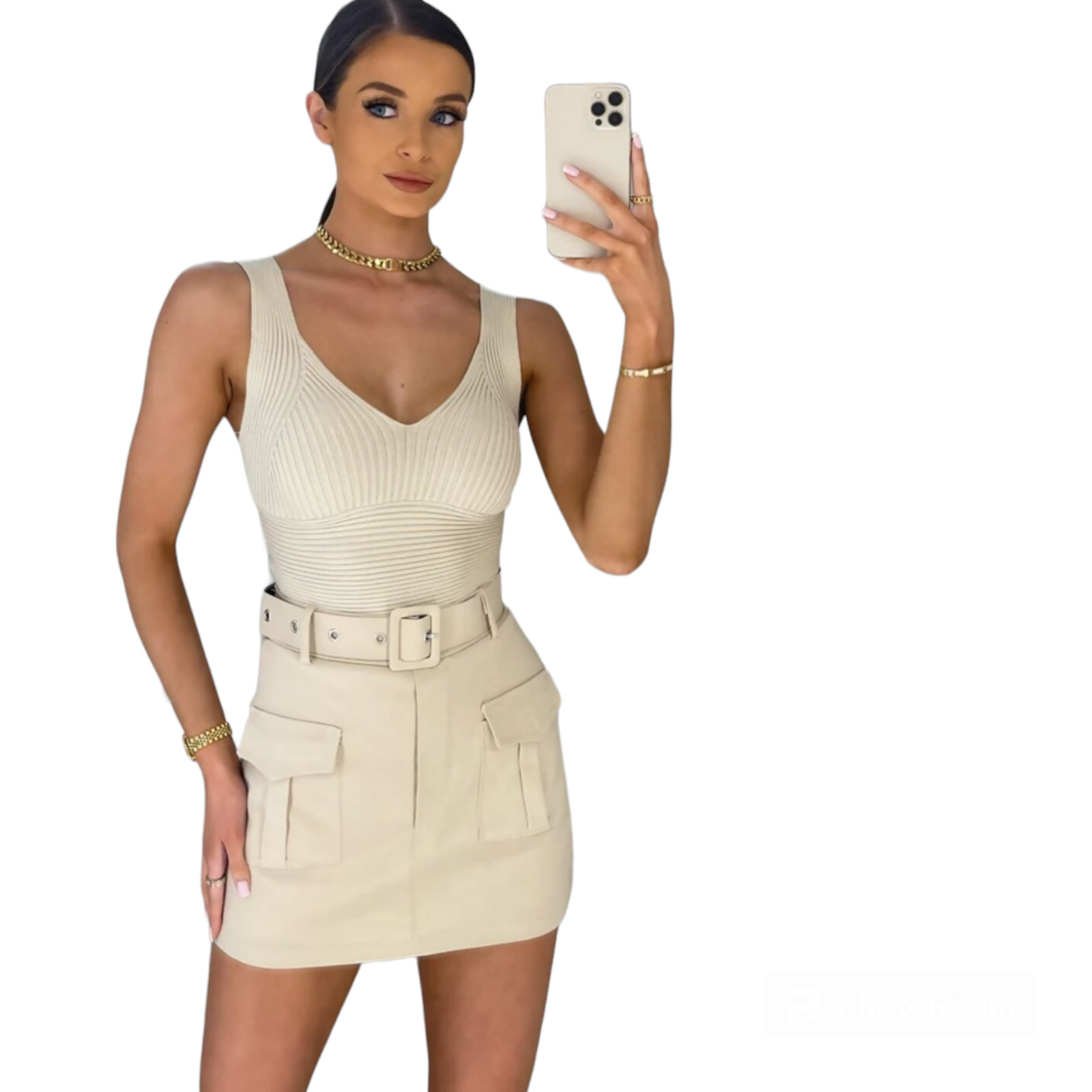 Mujeres Damas Cintura Alta Falda Corta Cinturón Bolsillo Carga Mini Fiesta Pantalones Cortos Skort