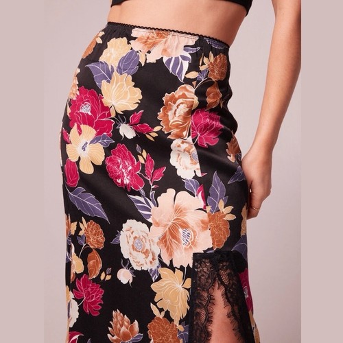 New Band of the Free Floral Print Lace Slit Slip Midi Skirt Black Multi Size XS - Picture 4 of 20
