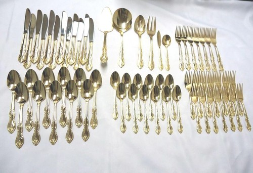 INTERNATIONAL GOLD PLATE STAINLESS FLATWARE CHINA 62-PIECES - Picture 1 of 20