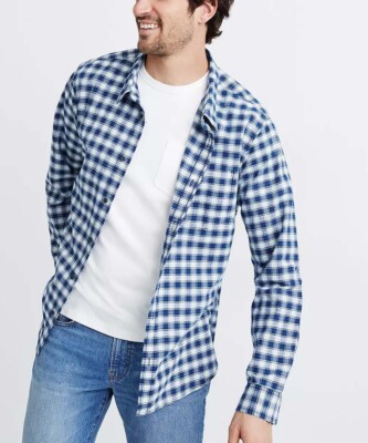 Men s $95 Madewell Baltic Blue Plaid Long-Sleeve Button-Up Cotton Shirt NWT