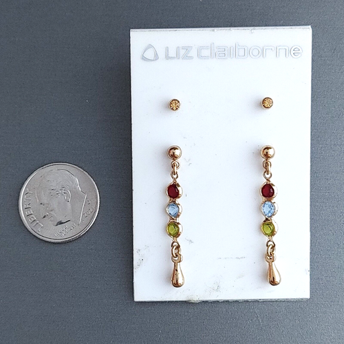 Liz Claiborne Earrings Set 2 Pair Posts Delicate Dainty Gold Tone Rhinestones - Picture 2 of 4