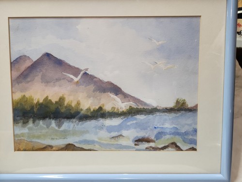Vtg Mountain watercolor painting signed Blue framed Flying Seagull Beach Ocean - Picture 7 of 16