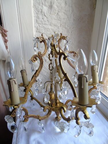 French gorgeous bronze - brass crystal brid cage chandelier 5 lighting vintage - Picture 2 of 18