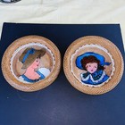 Country Style Wicker Rattan Wall Hangings (x2) 9" Round w/Painted Female Images