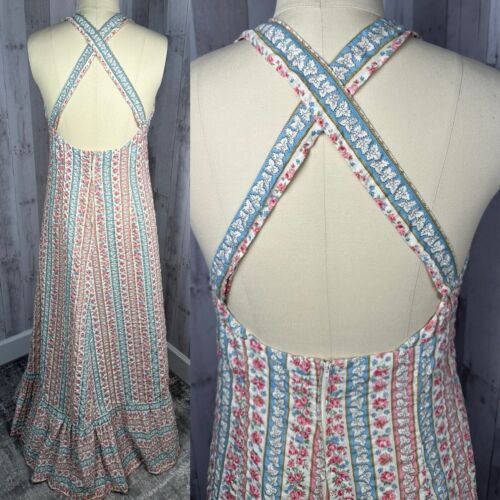 Maxi Vestido Halter Vintage Años 70 MOD Algodón Arrugado Floral Festival-Raro Talla Grande - Imagen 3 de 16