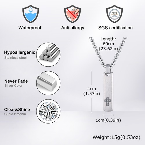 Zircon Cross Bar Pendant Necklace for Men, Stainless Steel Jewelry Gifts - Picture 2 of 15