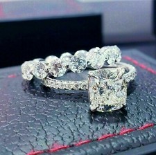 3 Ct Cushion Cut Lab Created Diamond Wedding Bridal Ring Set 14K White Gold Over