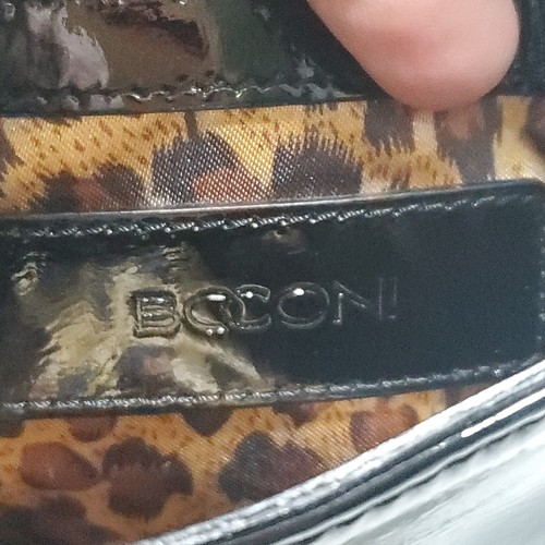 Boconi Crossbody Black Patten Leather Lg Silver Buckle Purse Cheeta Print Lining - Picture 6 of 10