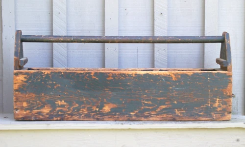 Primitive Carpenter's Wooden Tool Box Caddy Tote Rustic Wood Metal Tag 910