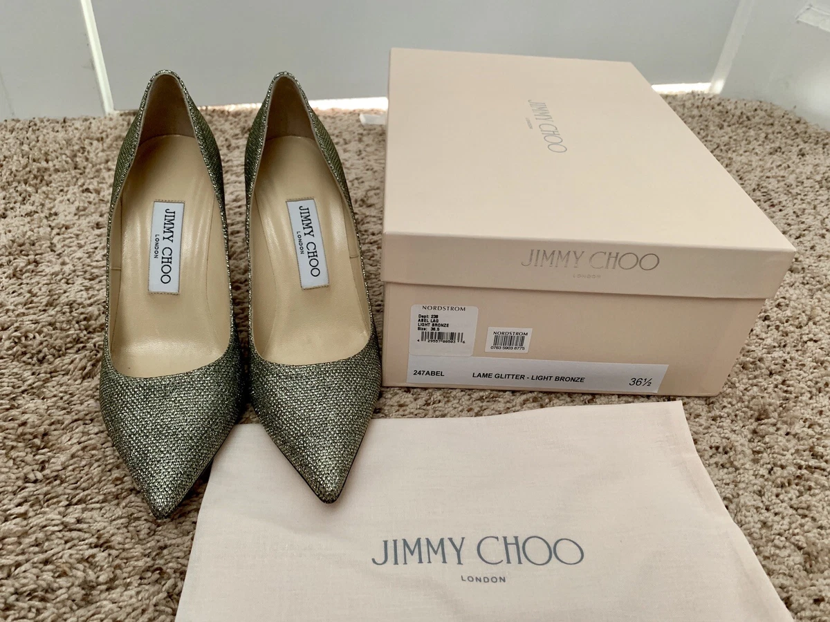 NIB JIMMY CHOO ABEL LAME GLITTER POINTY TOE PUMPS, GOLD BRONZE 36