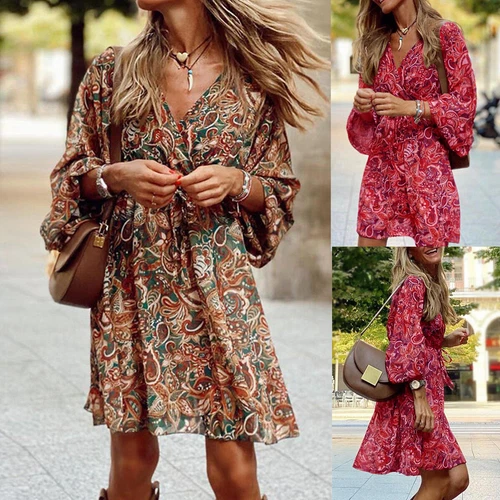 Mujeres Boho Cuello en V Floral Maxi Vestido Damas Verano Playa Solero Vestido Asiático talla - Imagen 2 de 14