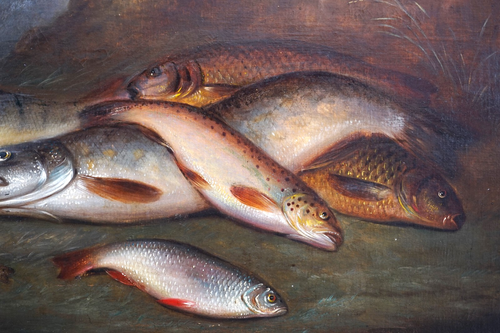 LARGE c1850 THE DAYS CATCH of FISH ON THE RIVER BANK ANTIQUE OIL PAINTING - Picture 5 of 13
