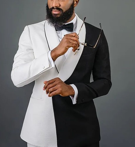 Hombres Negro Blanco Trajes Doble Pecho Chal Solapa Boda Formal Blazer Esmoquin - Imagen 3 de 6