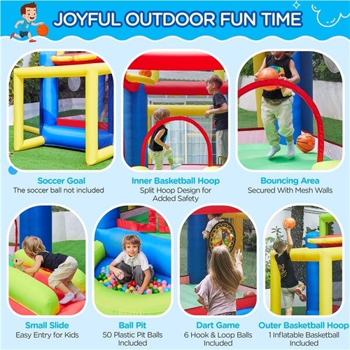 Inflatable Bounce House w/ 7 Games for Kids Aged 3-10 w/ Storage Bag & Blower - Picture 4 of 12