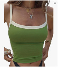 Women’s Crew Neck Crop Tops Medium Green Contrast Trim Tank Tops Sleeveless