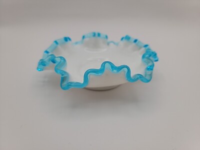 Vintage Fenton Blue Aqua Crest Glass Bon Bon Candy Dish with Ruffled Edge 5.75''
