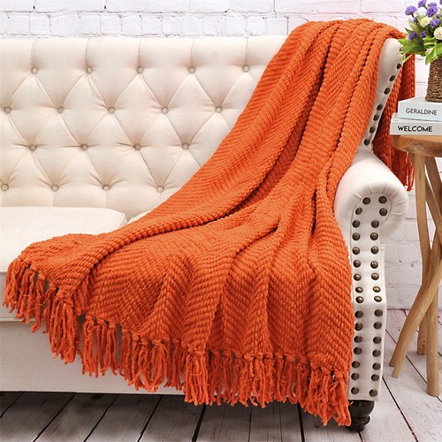 Boho Knitted Throw Blanket – Tweed Texture, Tassels, Lightweight Couch Bed Decor - Picture 89 of 337