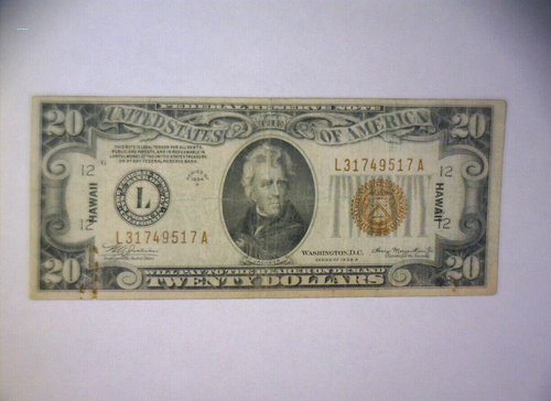 1934 A $20 Dollar Hawaii Overprint Emergency Issue FEDERAL RESERVE NOTE🌟RARE🌟