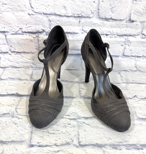 Naturalizer Women's Trustee 8.5W Pumps T-Strap Faux Suede Gray 4" Heel