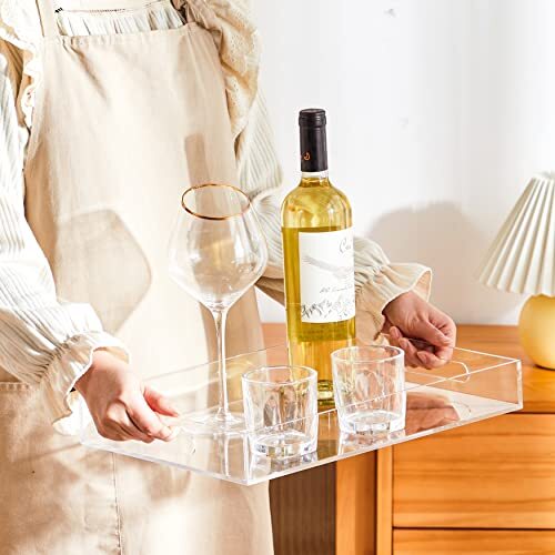 Clear Sturdy Acrylic Serving Tray with Handles 10x15x2H Inches -Spill Proof- ... - Picture 3 of 9