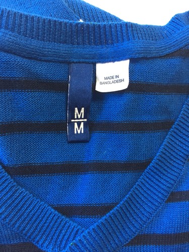 H&M Men V-Neck Sweater Blue White Striped Long Sleeve 100% Cotton - Picture 2 of 12